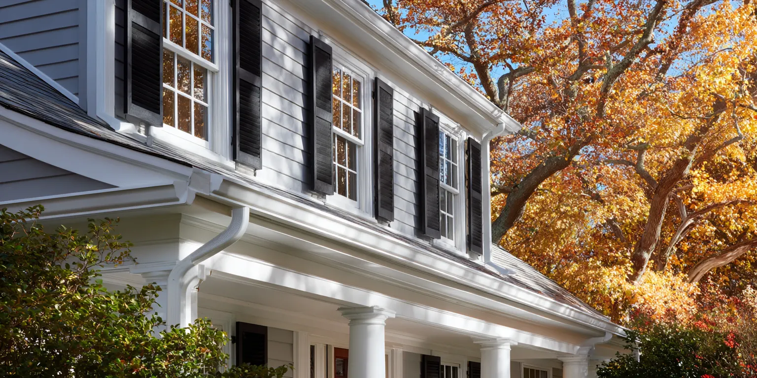 White colonial home with clean gutters and downspout, oak in fall color behind it, Fairfield County Connecticut